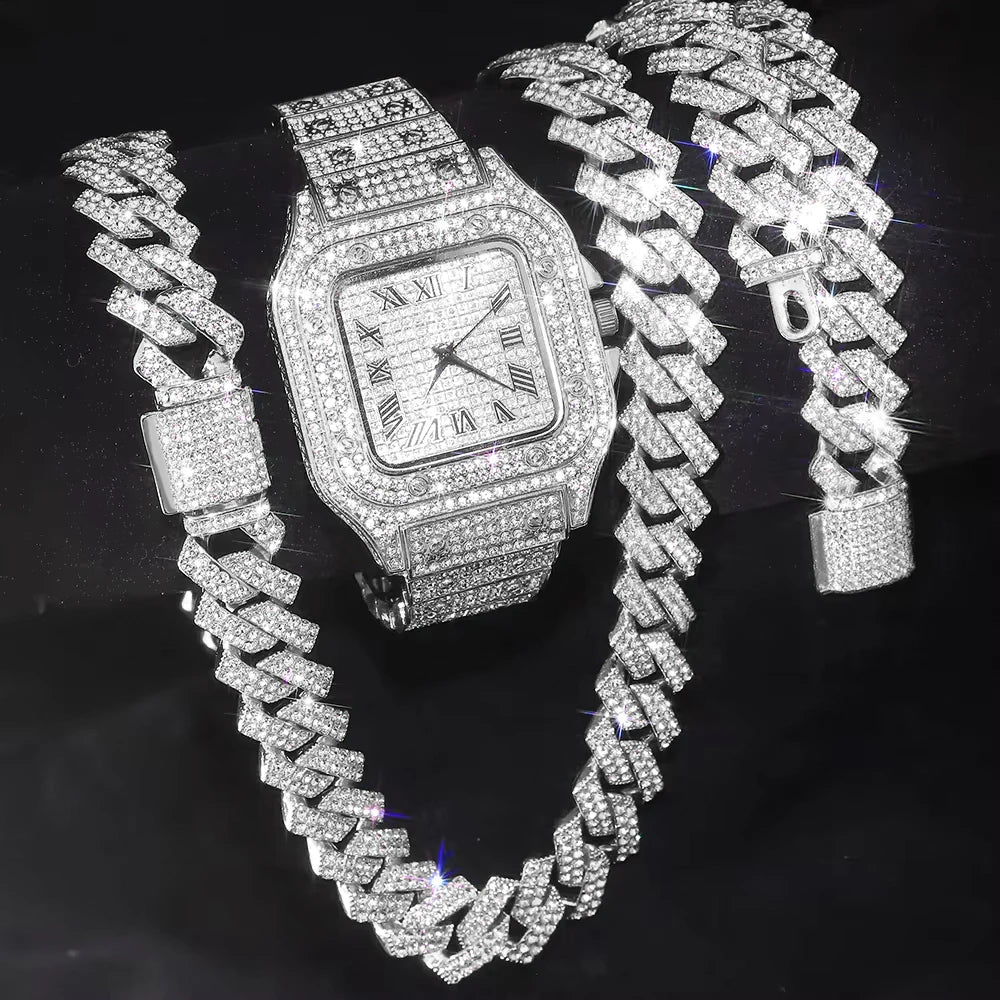 LUXURY ICED WATCH + CHAIN + BRACELET FOR MENS