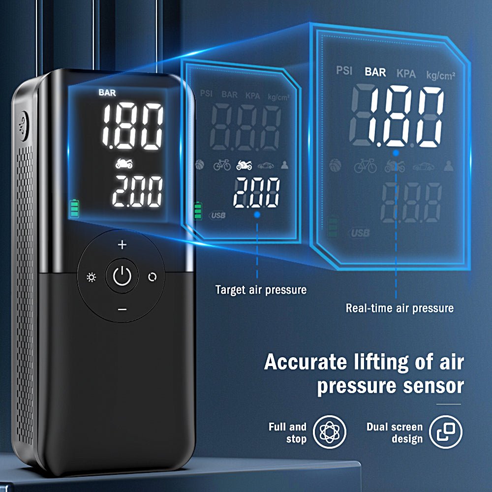 Portable Inflatable Air Pump,Tire Inflator Electric Air Pump, 150 PSI Tyre Pressure Detection with LED Light,Fast Power Bank, Auto Stop Electric Pump for Car, Bike, Ball